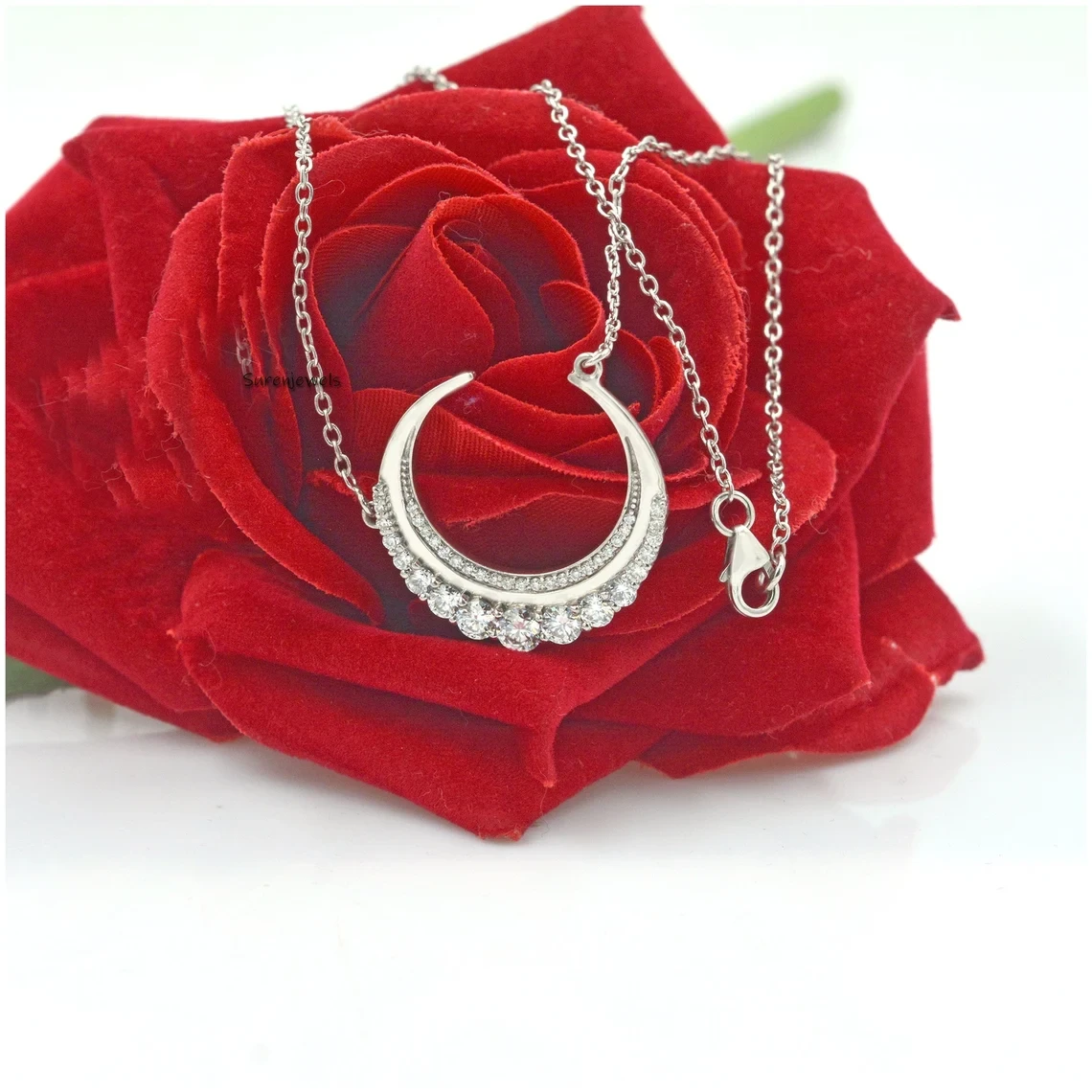 14K Gold Moissanite Half Moon Pendant Necklace – Elegant Crescent Charm