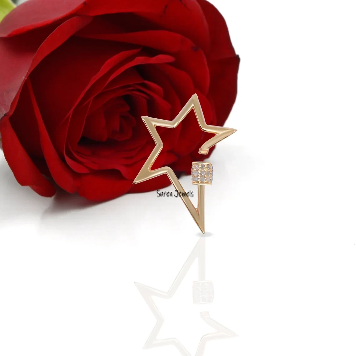 14K Gold Diamond Star Carabiner Lock – Gemstone Solid Gold Star Charm Lock Jewelry