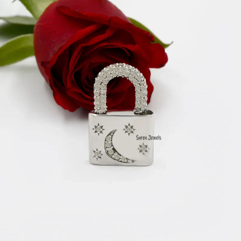 925 Silver Diamond Star & Moon Padlock Pendant – Pave Lock Charm