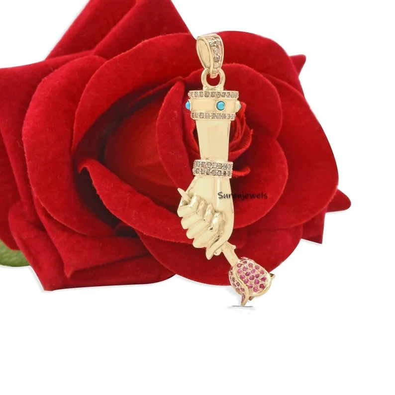 14K Gold Gemstone Figa Pendant – Turquoise & Diamond Mano Fico Charm
