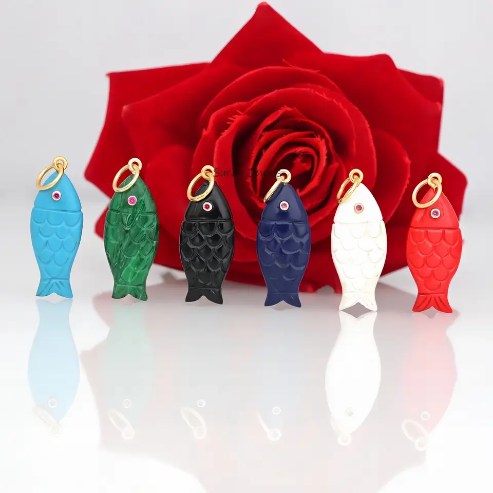 14K Yellow Gold Lucky Fish Pendant – Hand-Carved Gemstone Animal Charm for Necklaces