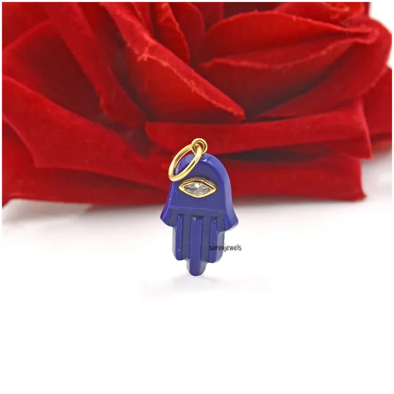 14K Gold Carved Lapis Lazuli Hamsa Hand Pendant – Designer Gemstone Charm for Luck & Protection