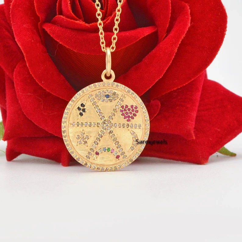 14K Gold Gemstone Disc Pendant – Diamond Round Disc Charm for Necklaces