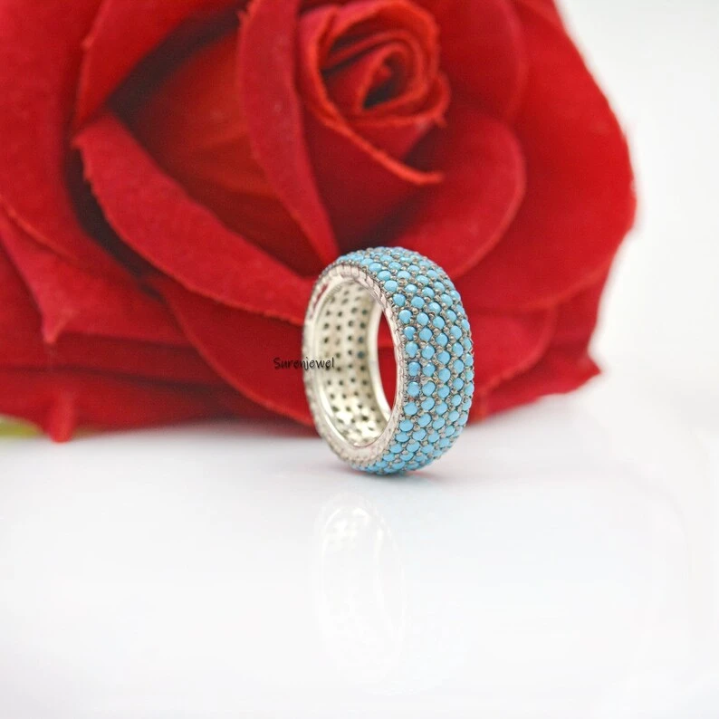 925 Silver Turkish Turquoise 5 Row Band Ring | Gemstone Link Cigar Band