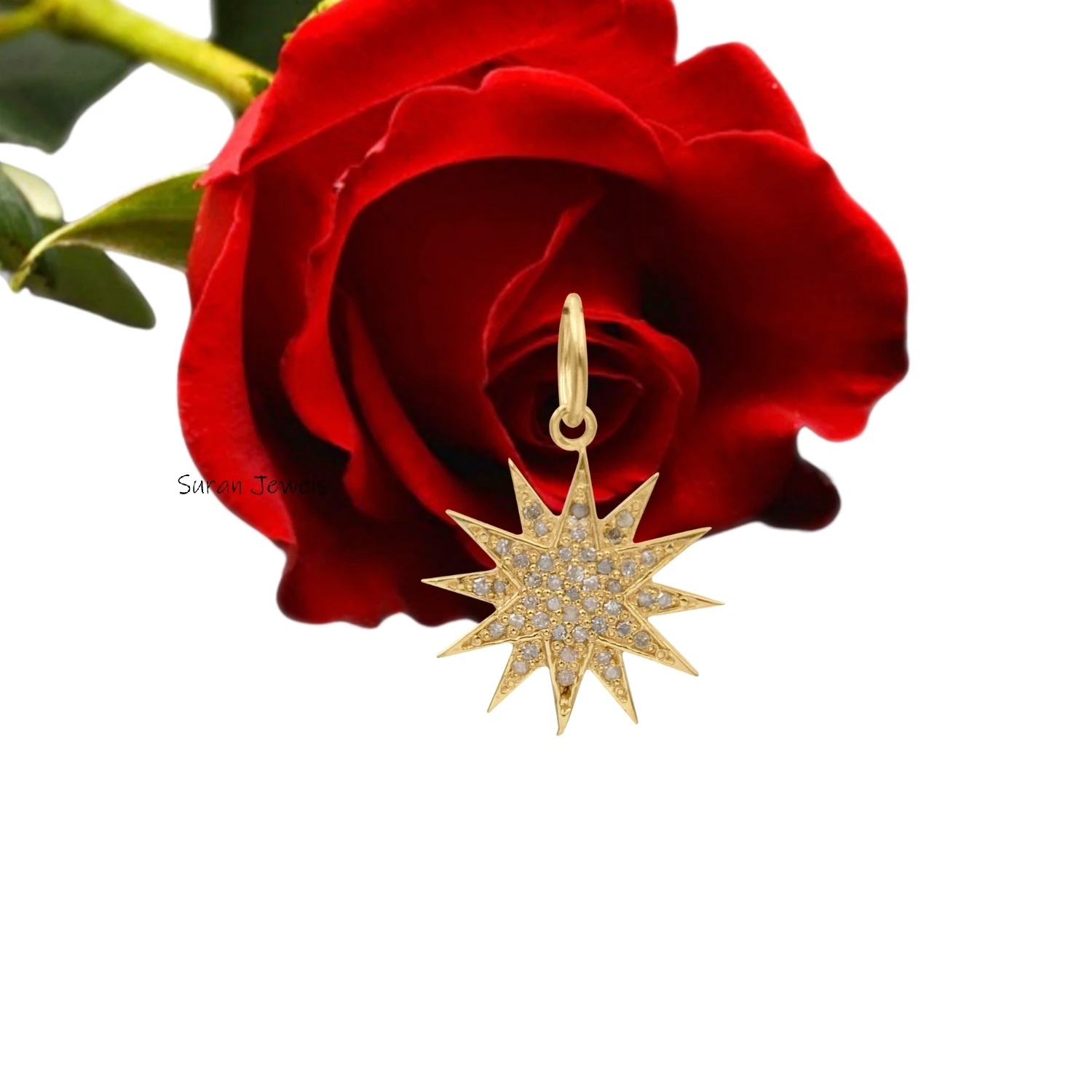 14K Gold Star Burst Diamond Pendant – Ruby Star Charm for Christmas