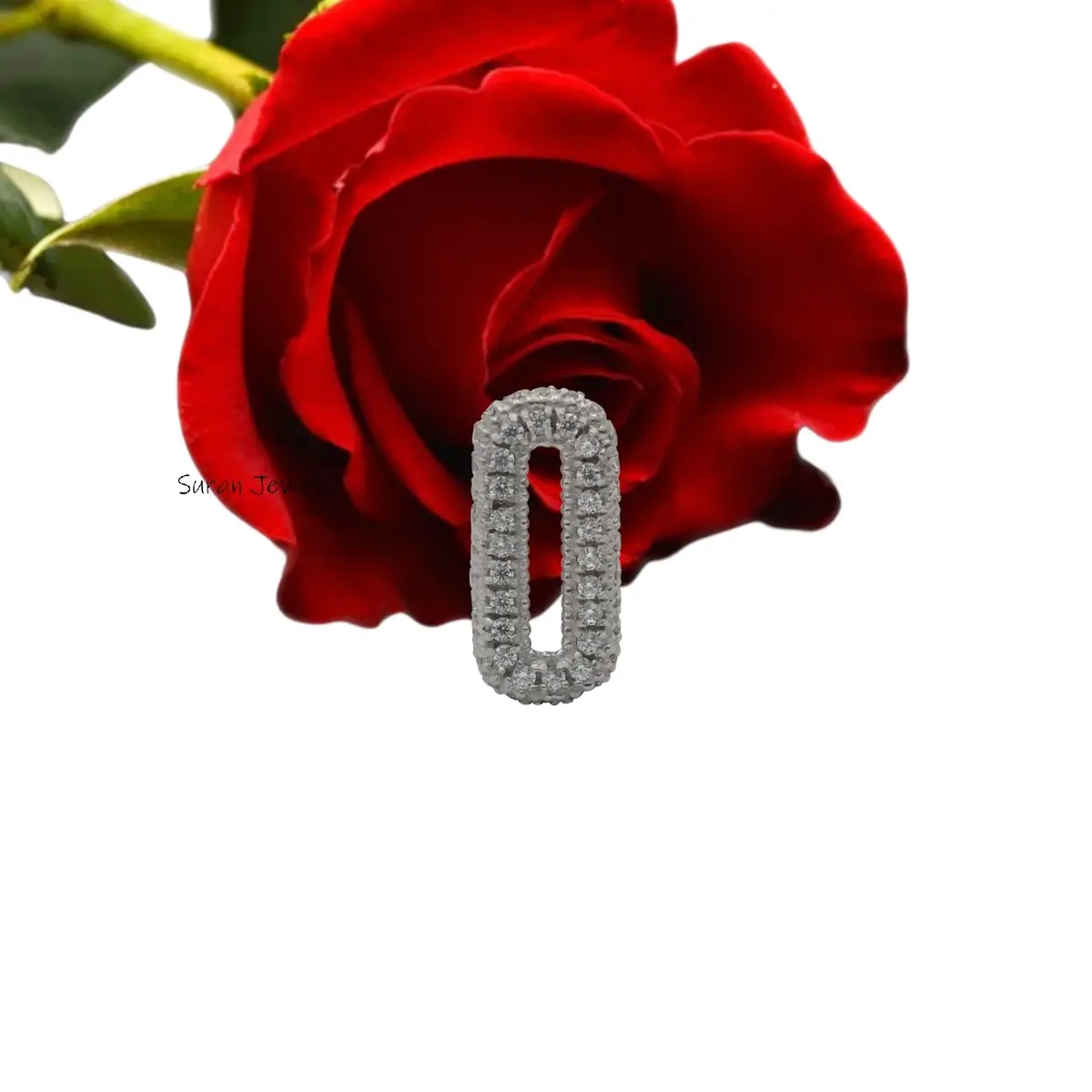 14K Gold Diamond Charm Holder – Oval CZ Diamond Charm in Yellow & White Gold Jewelry