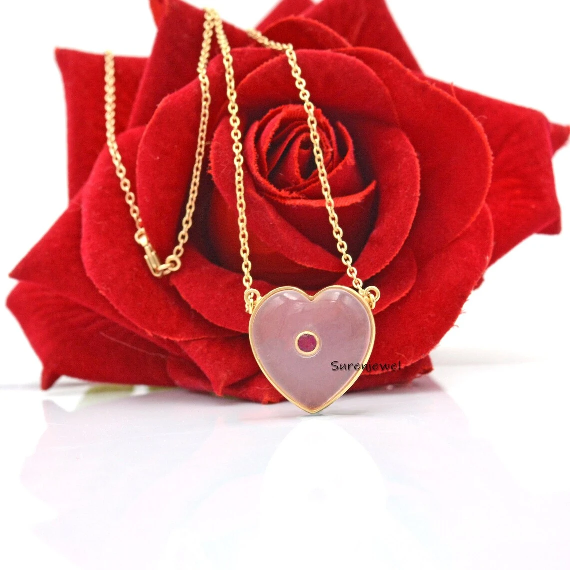 14K Gold Rose Quartz Heart Pendant Necklace – Gemstone Puffy Heart Charm