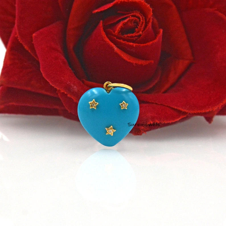 925 Silver Tiny Star Gemstone Heart Pendant – Turquoise Heart Charm, Designer Sterling Silver Heart Pendant