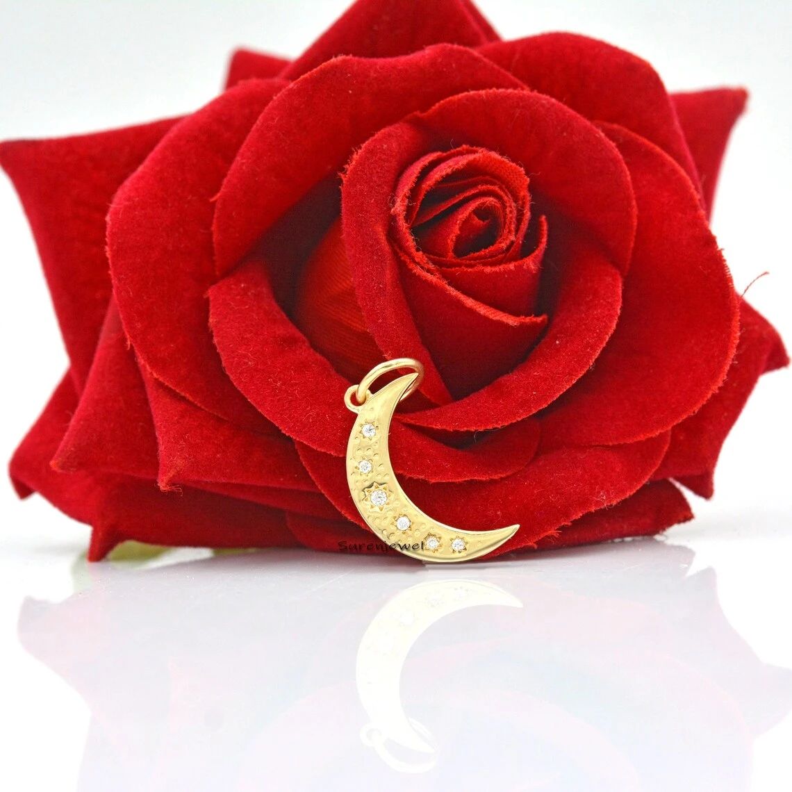 14K Yellow Gold Plated Half Moon Pendant – Pave Diamond Designer Moon Pendant