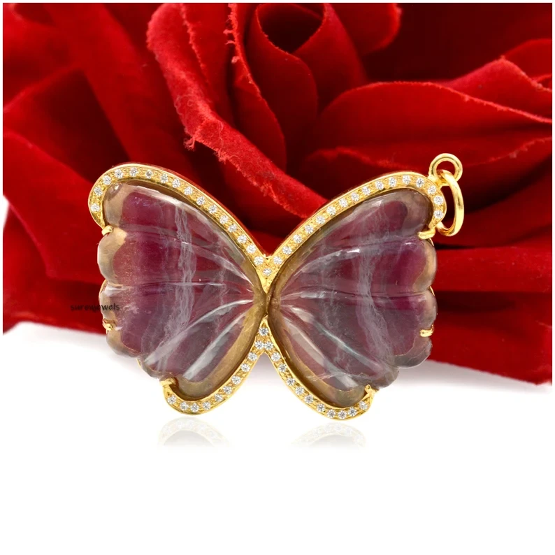 14K Gold Pave Multi-Gemstone Butterfly Pendant – Designer Charm Holder