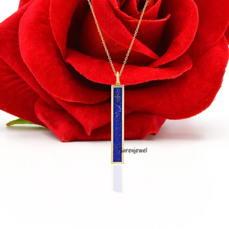 14K Gold Gemstone Bar Pendant – Lapis Lazuli & Turquoise | Wholesale Solid Gold Jewelry