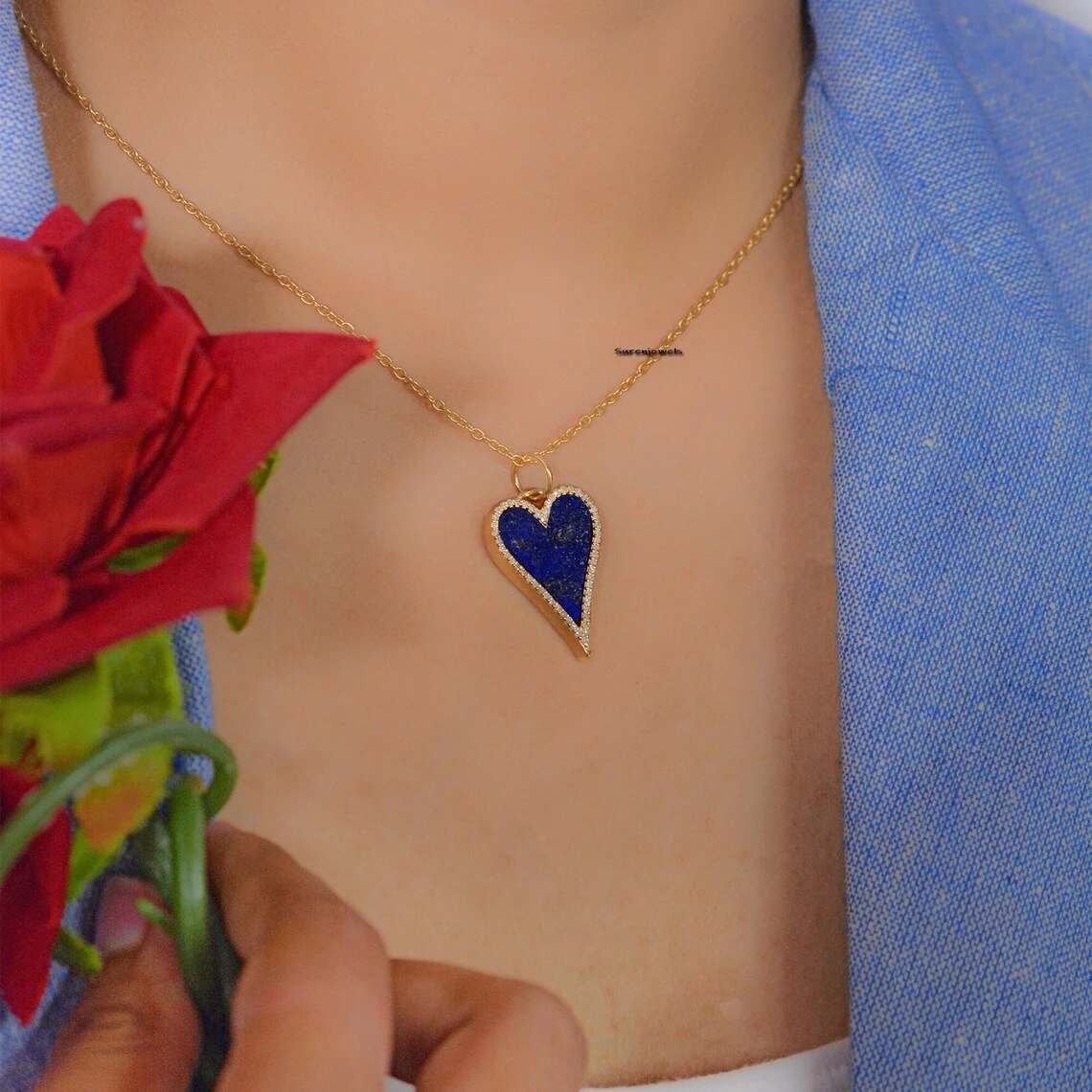 14K Gold Lapis Lazuli & Turquoise Heart Pendant – Designer Gemstone Love Charm