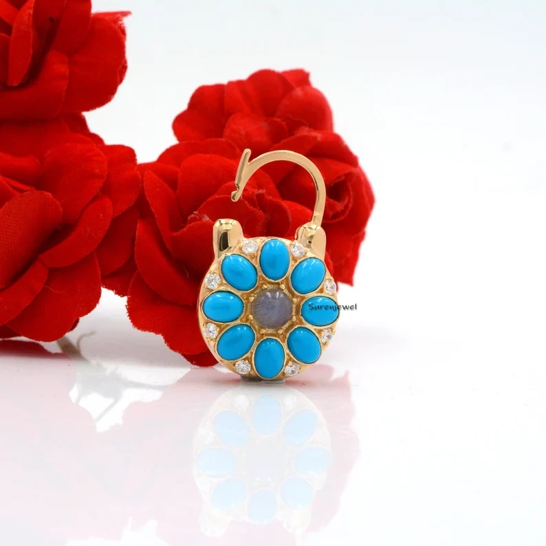 14K Gold Turquoise Padlock Pendant – Floral Gemstone Lock, Openable Connector