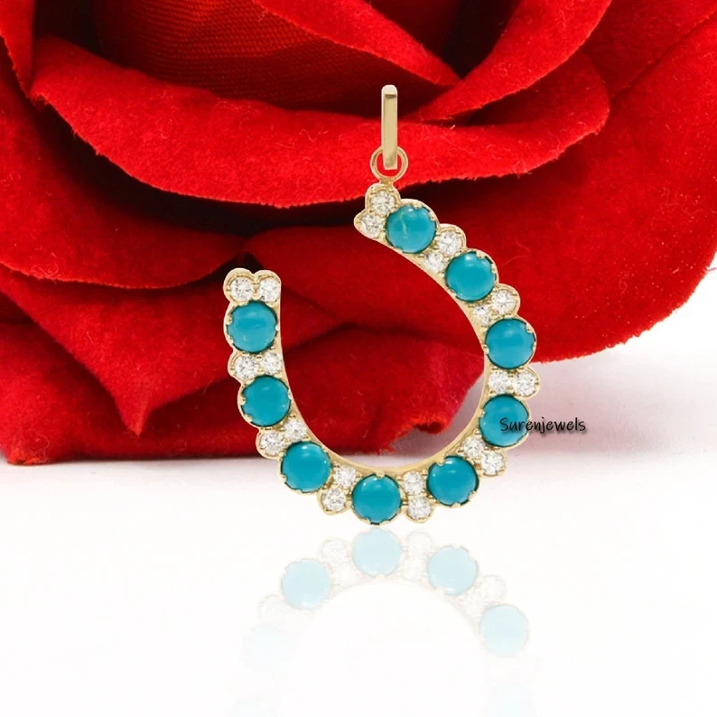 925 Silver Turquoise & Moissanite Diamond Horseshoe Pendant – Designer Gemstone Horseshoe Charm