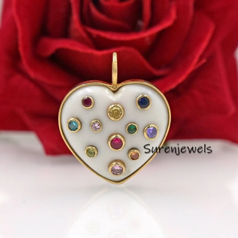 14K Gold Multi-Stone MOP Heart Pendant – Hand-Carved Designer Gemstone Heart Pendant in Coral & Malachite