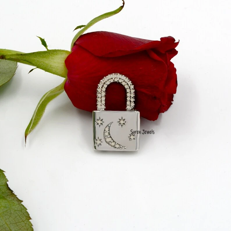 14K Gold Diamond Star & Moon Padlock Pendant – Pave Star & Moon Charm