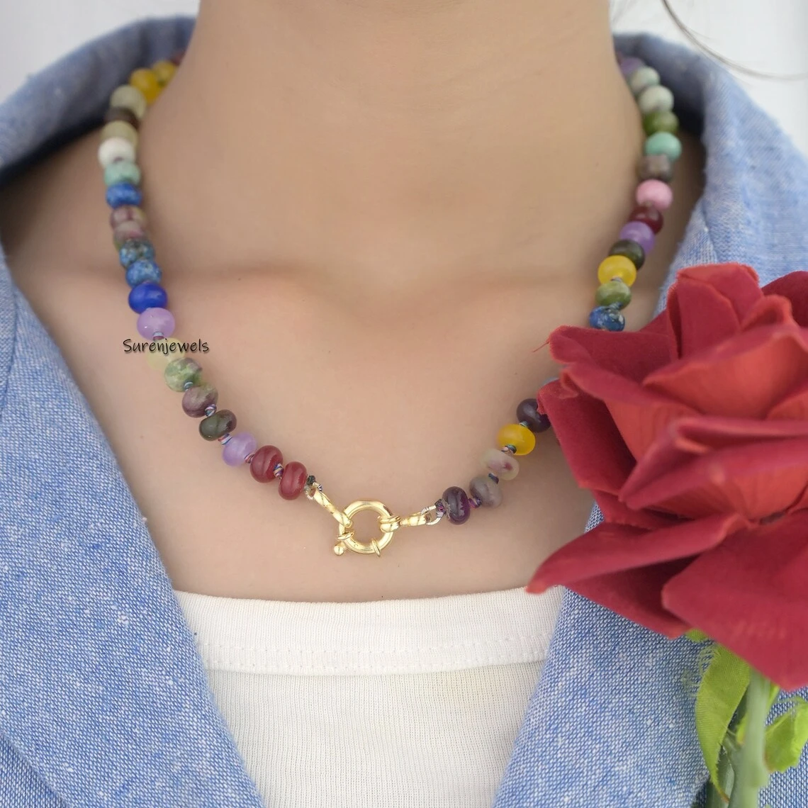 Rainbow Multi Gemstone Necklace with Gold Rondelle Beads – Wholesale