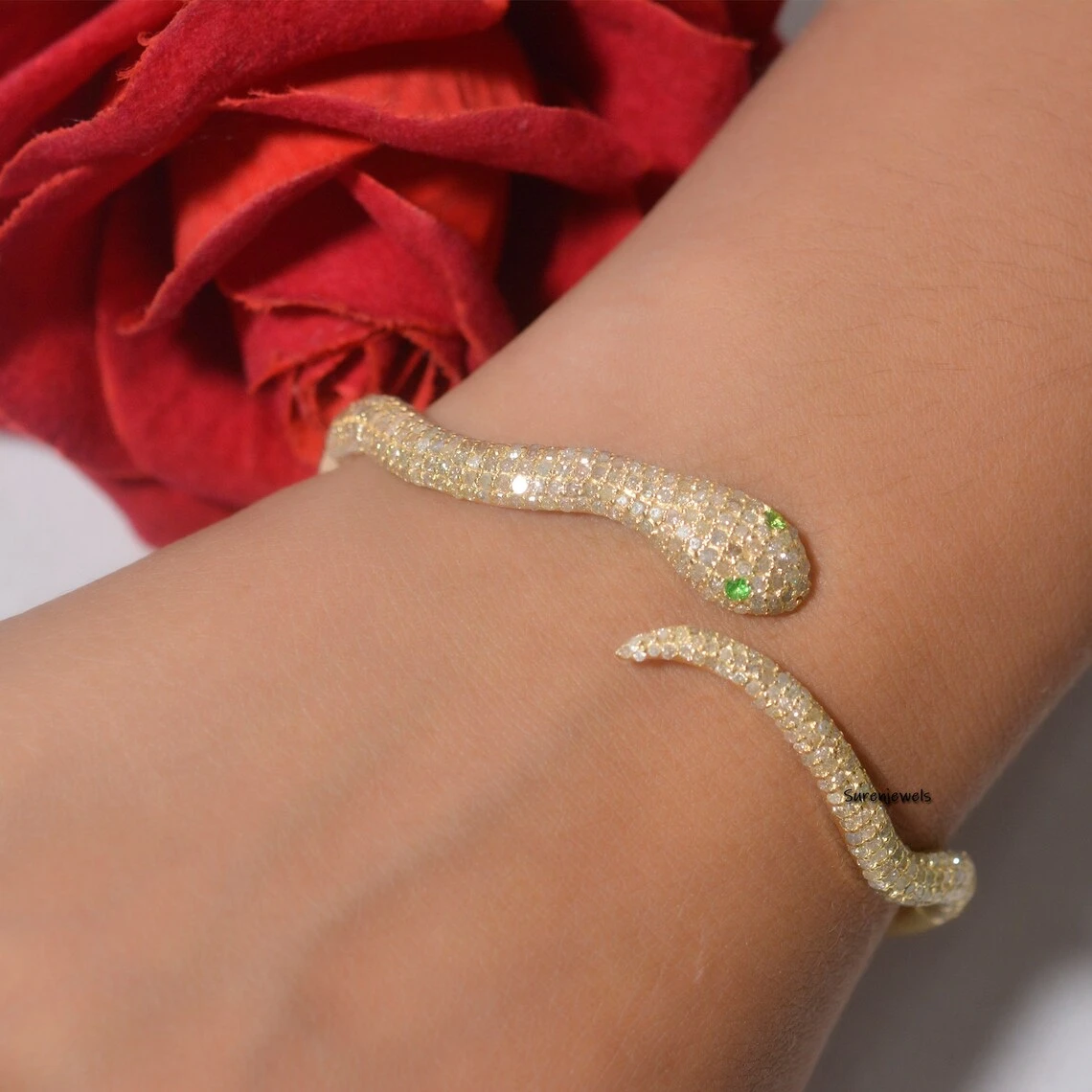 Diamond Snake Bangle – Natural Pave Diamond & Emerald Eyes, Designer Silver Snake Bangle
