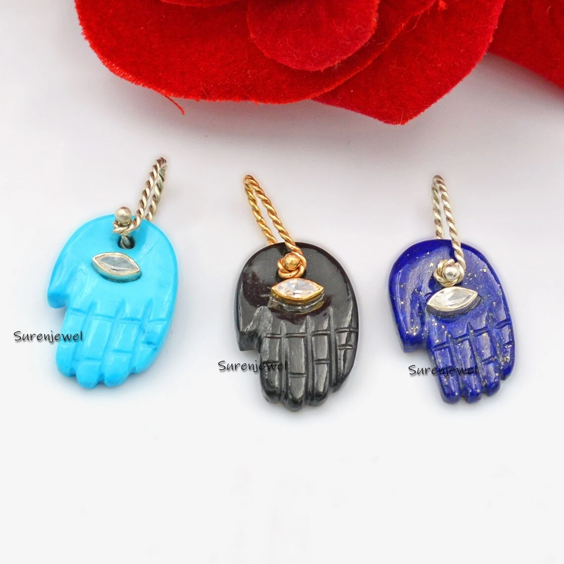 925 Sterling Silver Gemstone Figa Hand Charm – Malachite, Turquoise, Coral, Lapis Hamsa Pendant