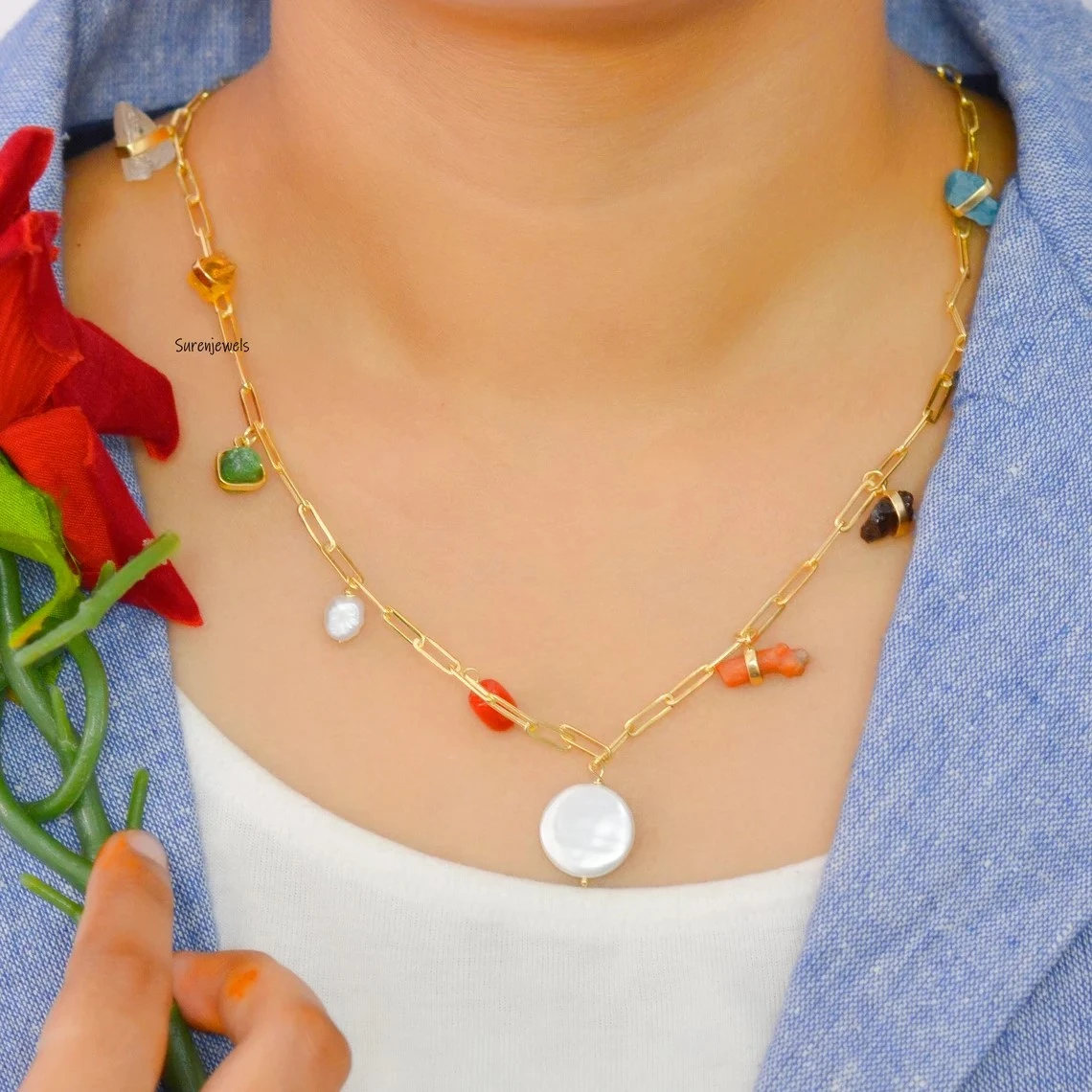 Multi Gemstone Charm Necklace – Gold & Colorful Stones