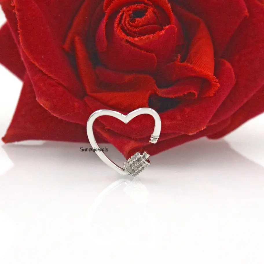 925 Silver Diamond Heart Carabiner Lock – Pave Interlocking Heart Screw Clasp