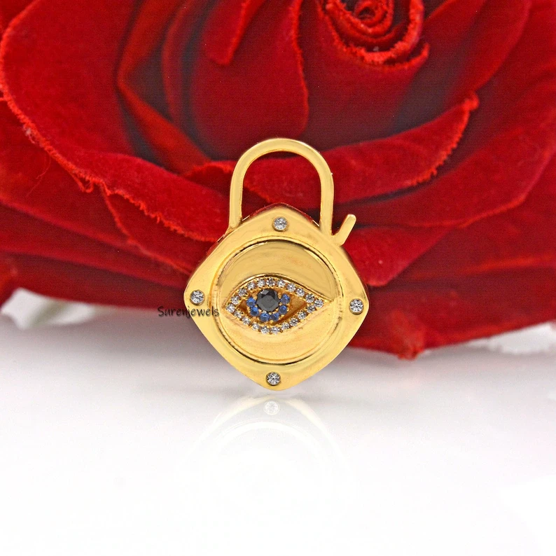 14K Gold Evil Eye Padlock Pendant – Designer Gemstone Openable Padlock Jewelry
