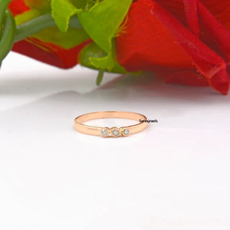 14K Solid Gold Bezel Set Ring | Three Stone Diamond Ring
