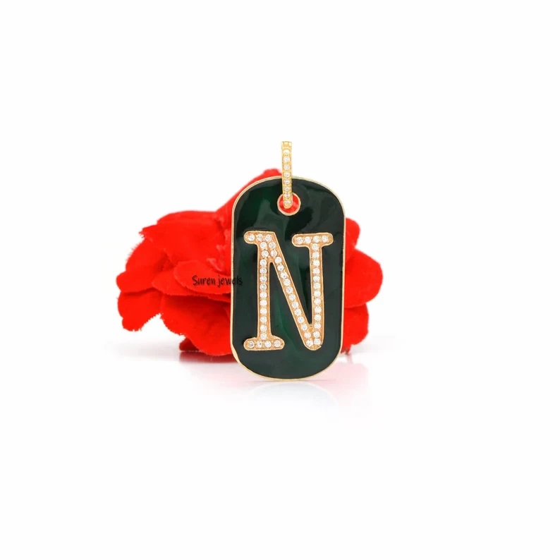 925 Silver Enamel Custom Letter Monogram Pendant – Diamond Alphabet Dog Tag Pendant for Personalized Style