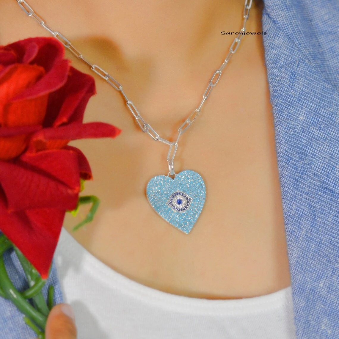 14K Gold Turquoise Heart Evil Eye Pendant Necklace – Handmade Designer Charm