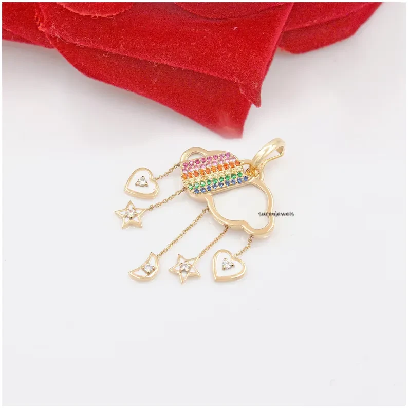 14K Gold Cloud Pendant – Designer Star Moon & Gemstone Cloud Pendant in Opal & Turquoise