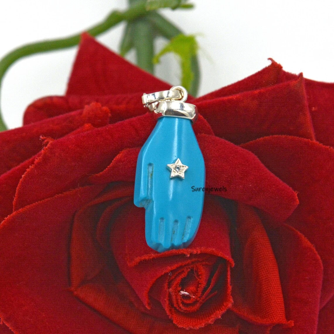 14K Gold Malachite & Turquoise Hamsa Hand Pendant – Gemstone Protection Charm