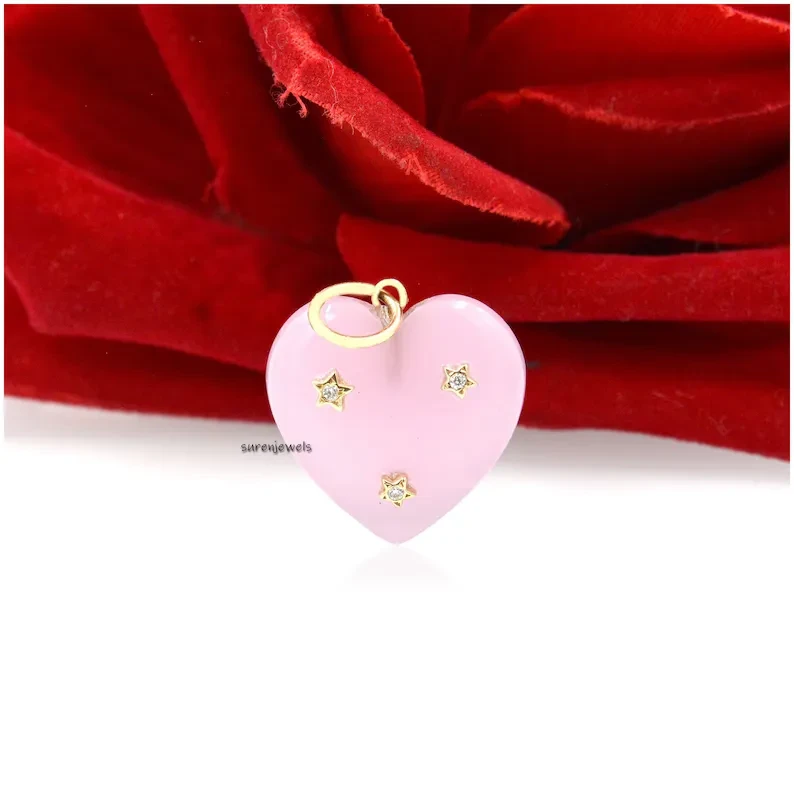 14K Solid Gold Tiny Star Gemstone Heart Pendant – Turquoise Designer Heart Charm for Necklaces & Bracelets