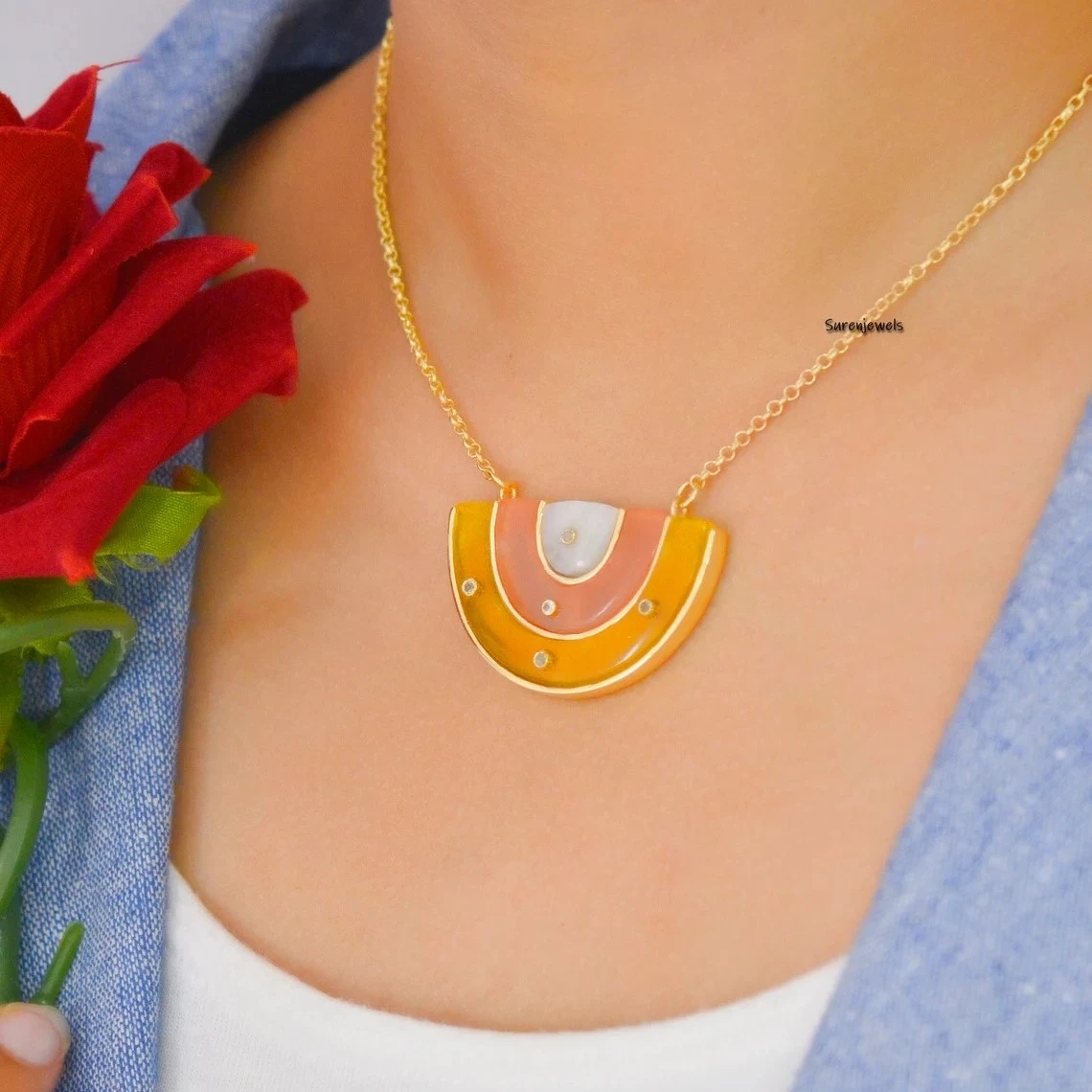 14k Gold Rainbow Pendant – Solid Gold Necklace & Charm Holder