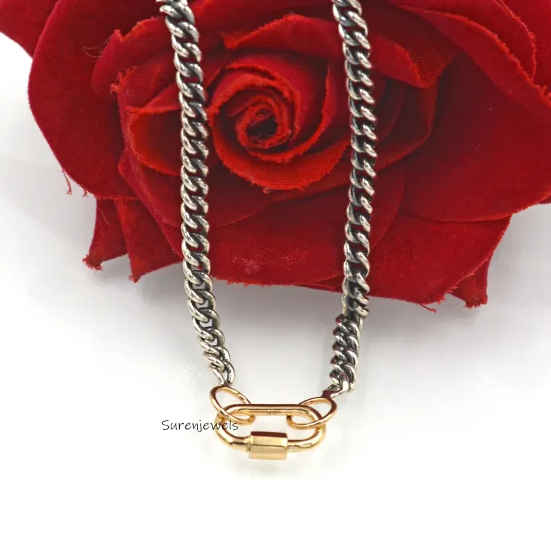 14K Two-Tone Curb Chain Carabiner Necklace – Yellow Gold Carabiner Chain