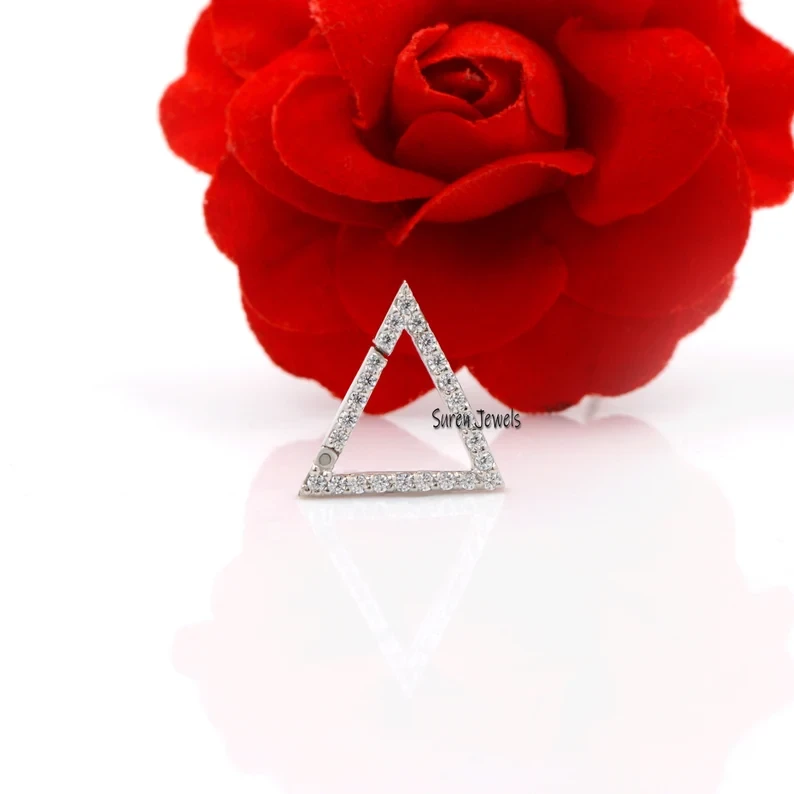 14K Gold Triangle Charm Holder with Diamond, 14K Gold Triangle Push Lock & Enhancer