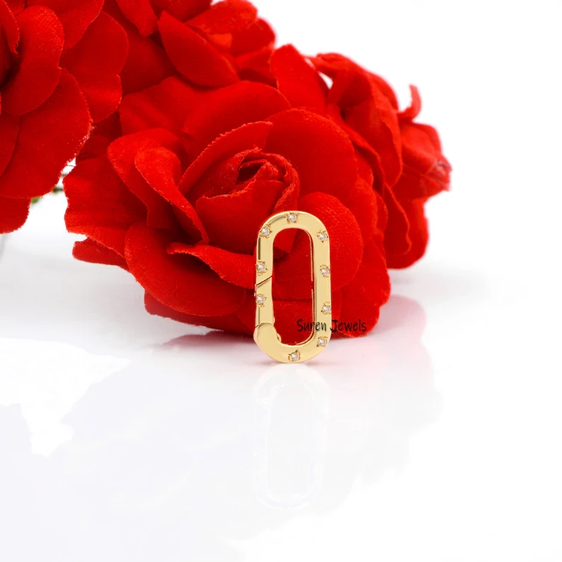 14k Solid Gold Diamond Enhancer with Pave Diamond Push Lock - Double-Sided Oval Charm Holder Connector