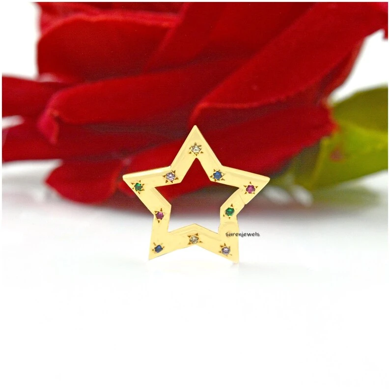 14K Gold Multi Sapphire Star Enhancer – Star Clicker Connector & Snap Lock for Charms & Necklaces