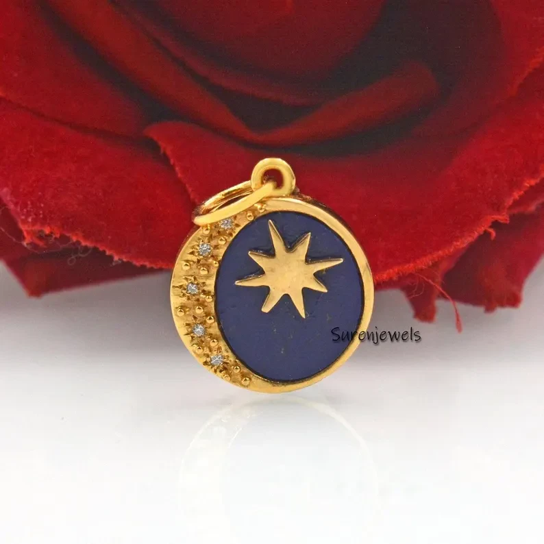 14K Gold & 925 Silver Lapis Lazuli Star Moon Disc Pendant – Moissanite Gemstone Charm Holder