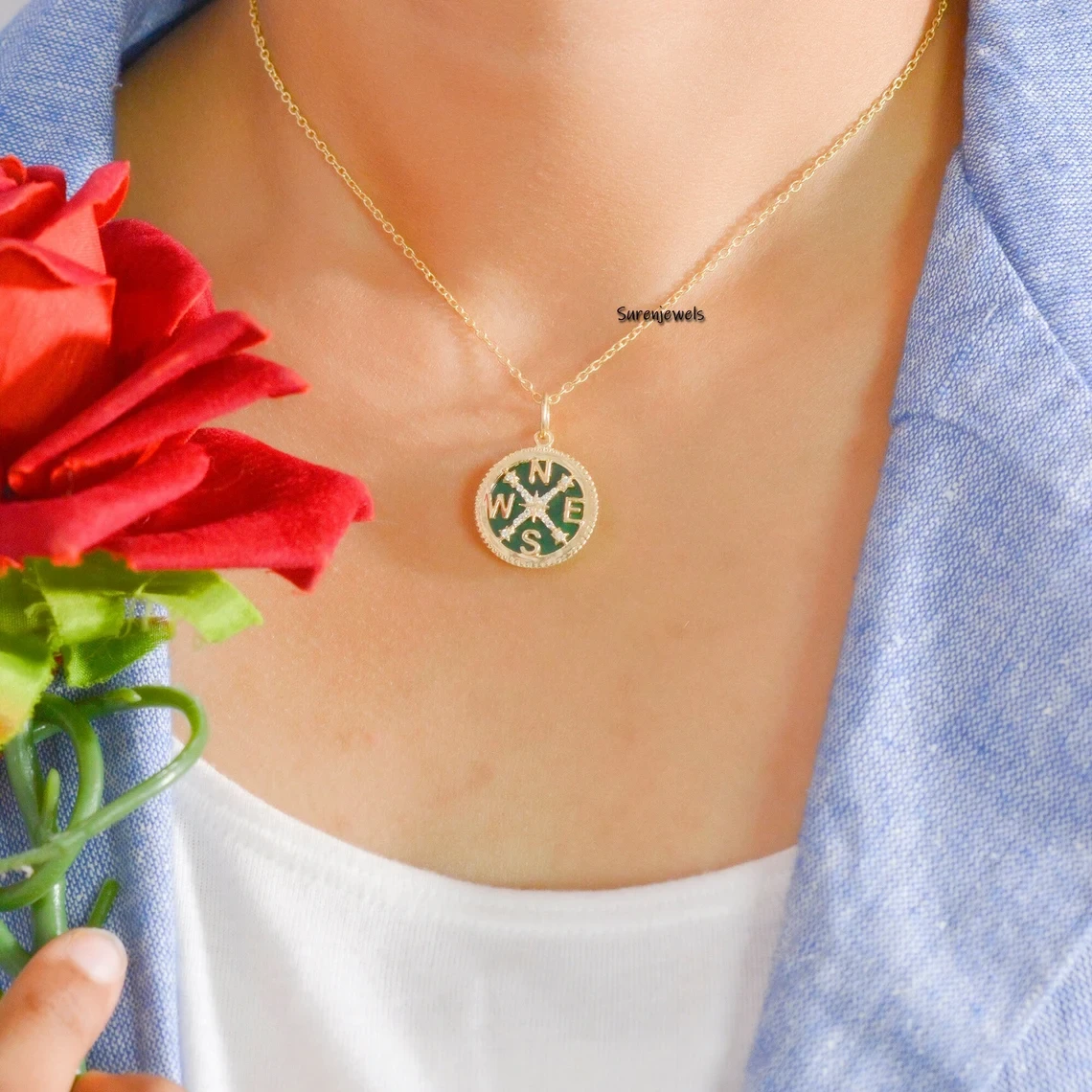 14K Gold Diamond & Lapis Compass Pendant – Pave Diamond Charm