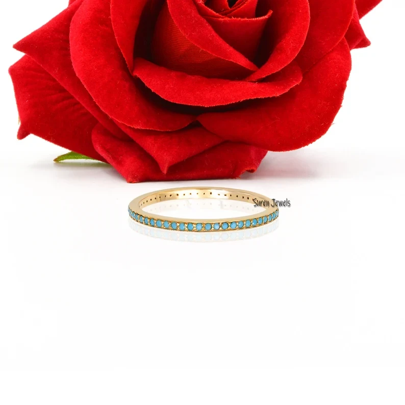 14k Gold Turquoise Wedding Band | Full Eternity Micro Pave Set Turquoise Ring