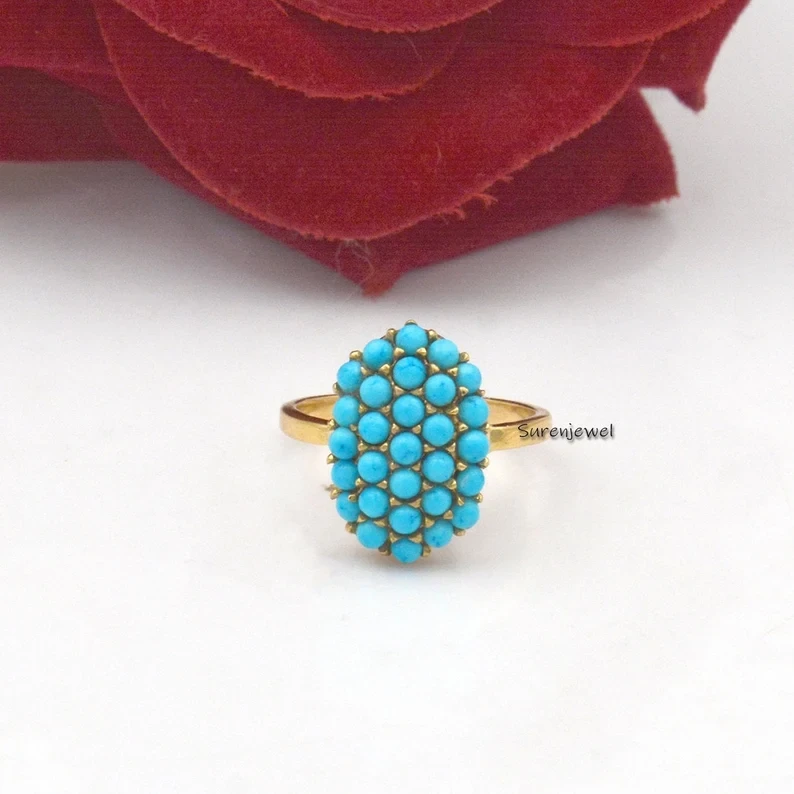 14K Gold Arizona Oval Shape Turquoise Ring – Designer Handmade Natural Turquoise