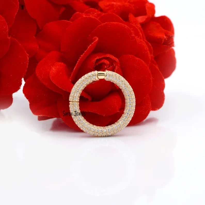 14K Solid Gold Diamond Circle Clicker Charm Connector – Durable Elongated Round Pendant Enhancer