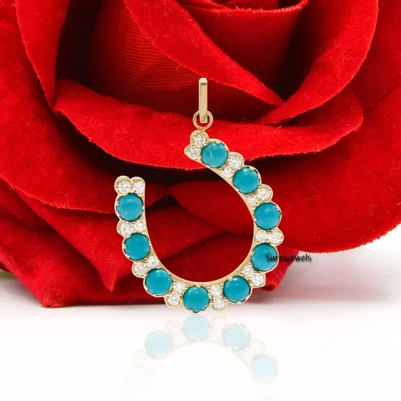 14K Gold Turquoise & Moissanite Diamond Horseshoe Pendant – Elegant Gemstone Designer Pendant