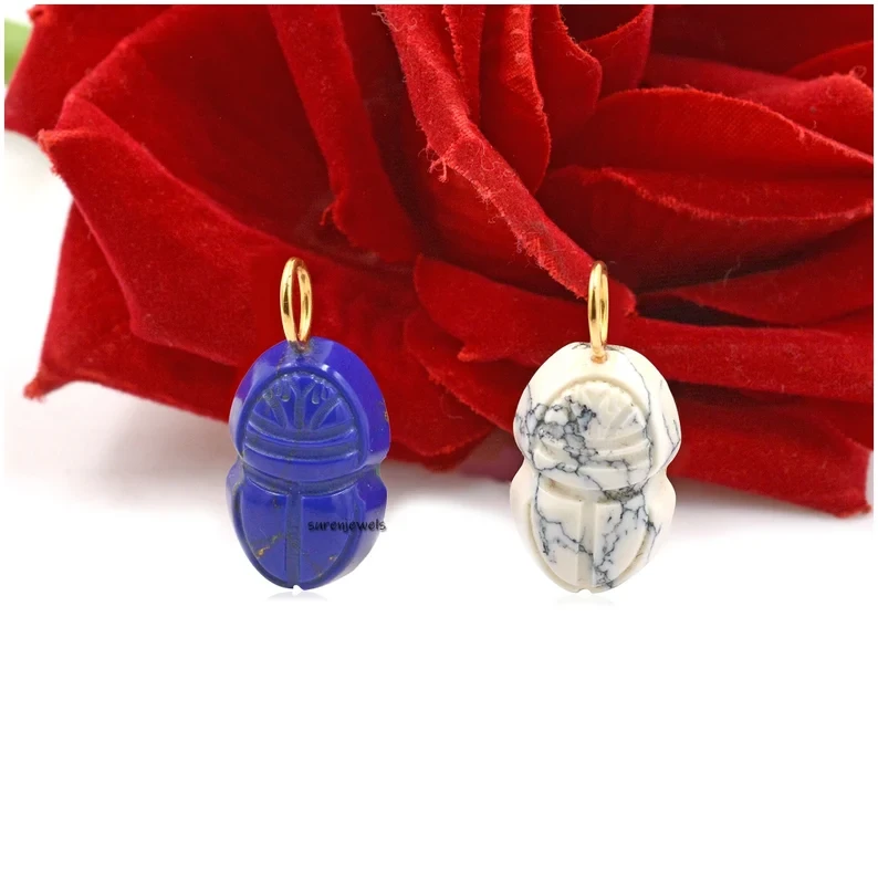 14K Gold Hand-Carved Gemstone Scarab Pendant – Small Designer Amulet Charm