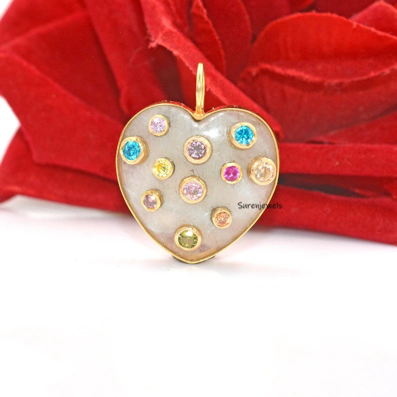925 Silver Multi-Stone Heart Pendant – Hand-Carved Designer Pendant with MOP, Coral & Malachite
