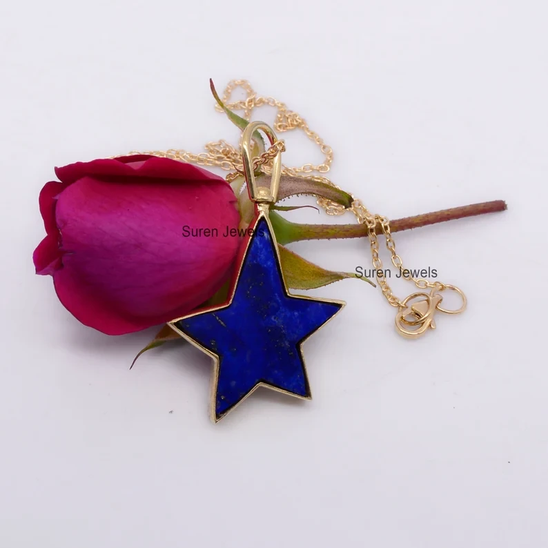 14k Gold Gemstone Star Charms – Lapis Lazuli & Turquoise Star Pendants