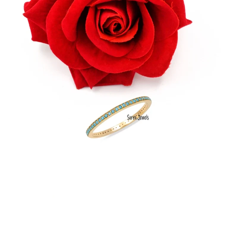 925 Silver Turquoise Wedding Band | Full Eternity Micro Pave Ring