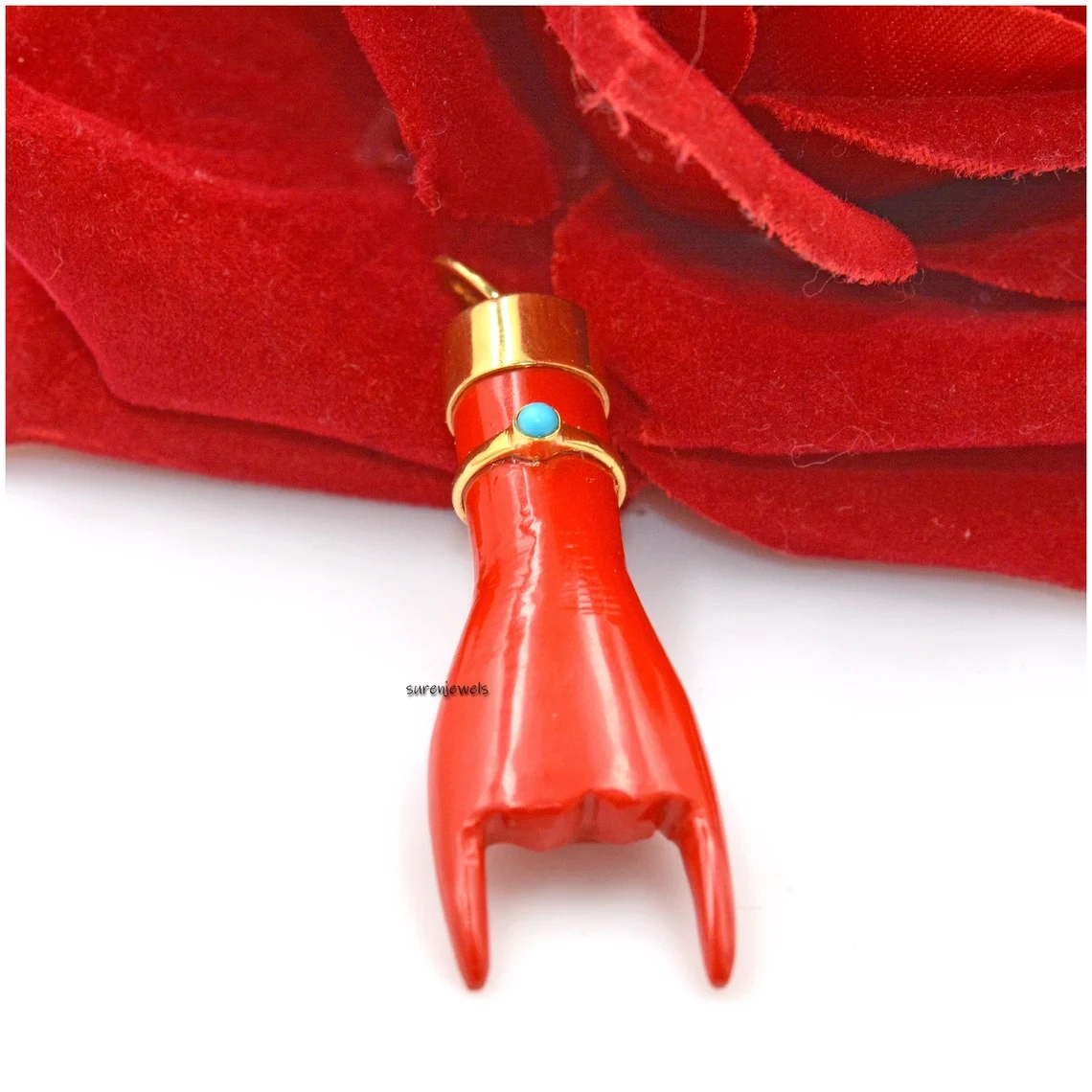 Silver Figa Hand Pendant with Coral Gemstone – Carved Healer Hand Symbol