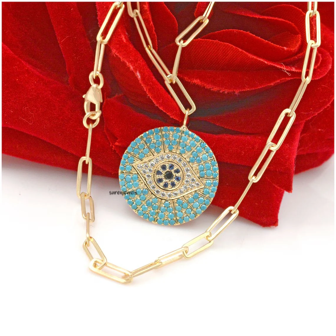925 Silver Turquoise Diamond Evil Eye Pendant – Pave Turquoise & Diamond Protection Charm