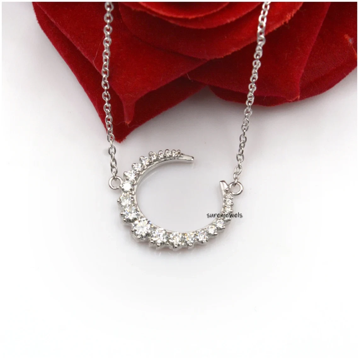 14K Gold Crescent Moon Necklace – Moissanite Gemstone Horn Moon Charm